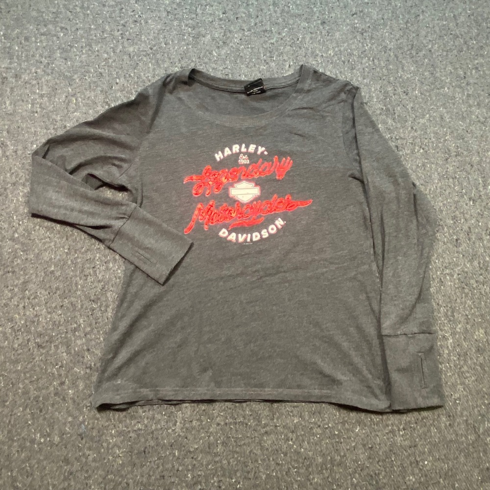 Harley Davidson TShirt Sz M Womens Gray Biker Grunge Thumbhole Legendary Logo‎